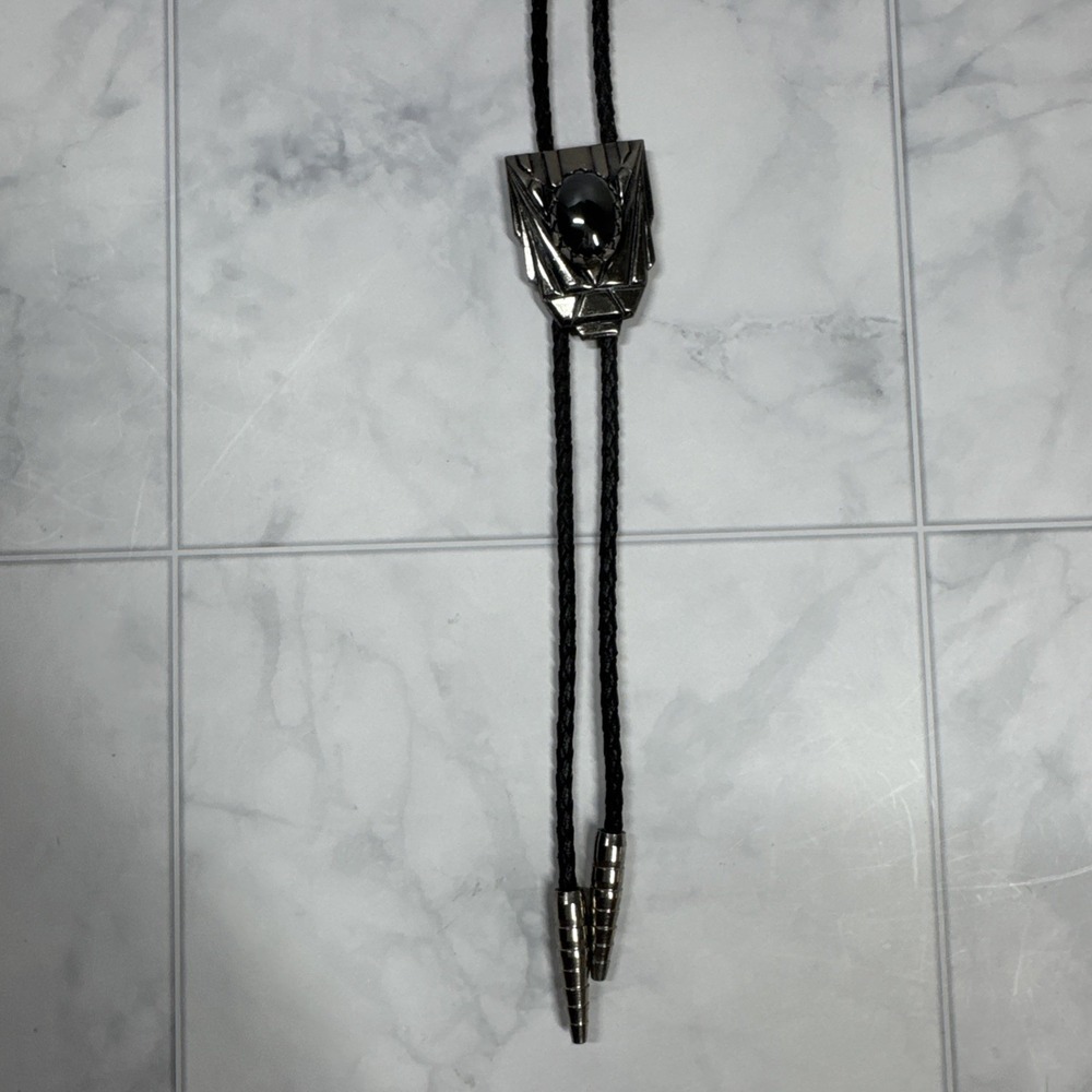 Western Style Rectangular Bolo Tie with Black Stone and Braided Leather Cord